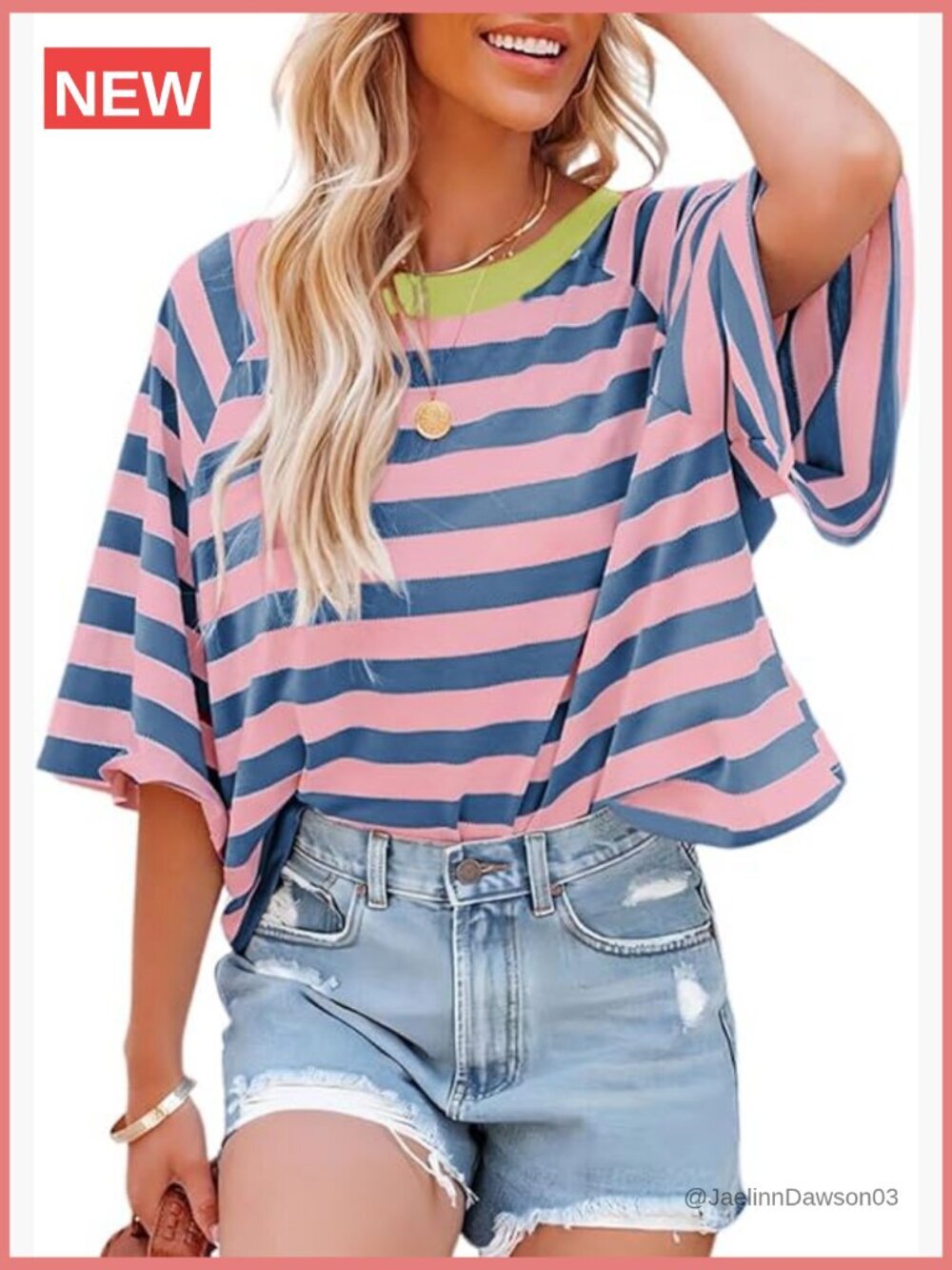 Striped Color Block Crewneck Loose Fit Short Sleeve T-Shirt